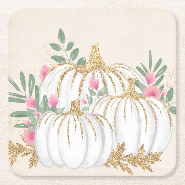 Porta-copo De Papel Quadrado Pumpkins branco e Dourado Aquarela (Frente)
