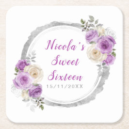 Porta-copo De Papel Quadrado Purple and Silver Elegant Flowers Sweet Sixteen