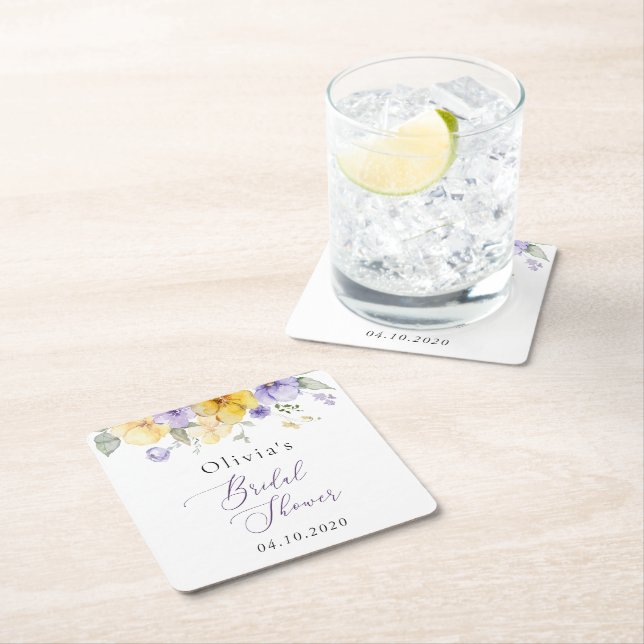 Porta-copo De Papel Quadrado Purple Flowers, Yellow Flowers, Bridal Shower (Insitu)