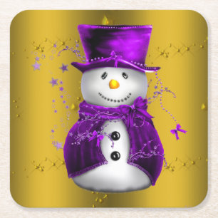 Porta-copo De Papel Quadrado Púrpura Snowman no Dourado Natal