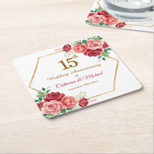 Porta-copo De Papel Quadrado Quadro de Aniversário de Casamento de 15 Anos em O