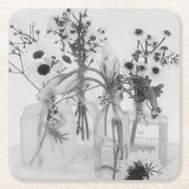 Porta-copo De Papel Quadrado Quatro Frascos E Flores Brancas