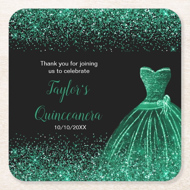 Porta-copo De Papel Quadrado Quinceanera Dark Green Faux Glitter (Frente)