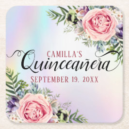 Porta-copo De Papel Quadrado Quinceañera Floral Romântica Enlegante