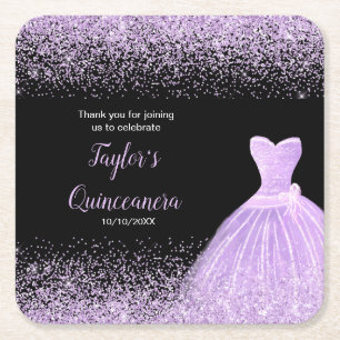 Porta-copo De Papel Quadrado Quinceanera Light Purple Faux Glitter