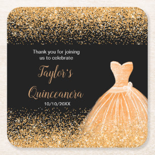 Porta-copo De Papel Quadrado Quinceanera Orange Faux Glitter