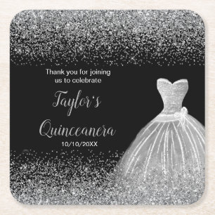 Porta-copo De Papel Quadrado Quinceanera Silver Faux Glitter