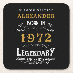 Porta-copo De Papel Quadrado Quinto aniversário Nascer 1972 Vintage Black Doura