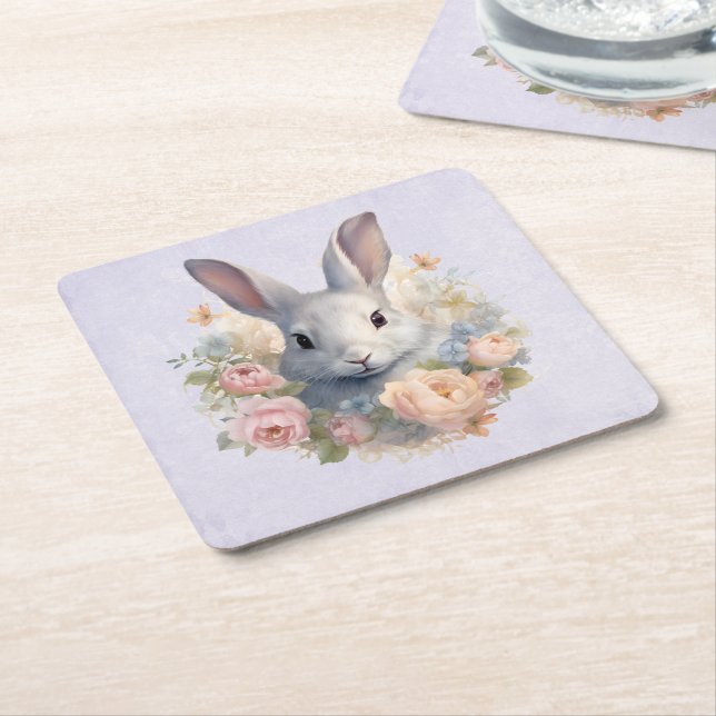 Porta-copo De Papel Quadrado Rabbit Surrounded by Pastel Flowers Cute (Inclinado)