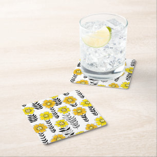Porta-copo De Papel Quadrado Rabiscos de margarida em amarelo e preto