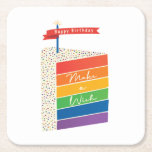Porta-copo De Papel Quadrado Rainbow Cake Happy Birday faz um desejo<br><div class="desc">Nada diz festa como um bolo de aniversário colorido do arco-íris. Estas portas copos vão tornar a sua festa de aniversário mais festiva.</div>