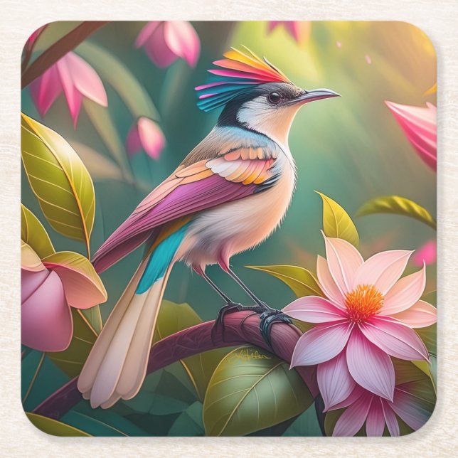 Porta-copo De Papel Quadrado Rainbow crested Jay Fantasy Bird (Frente)