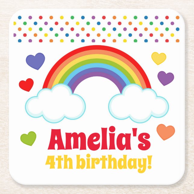 Porta-copo De Papel Quadrado Rainbows Hearts and Dots Girls Aniversário (Frente)