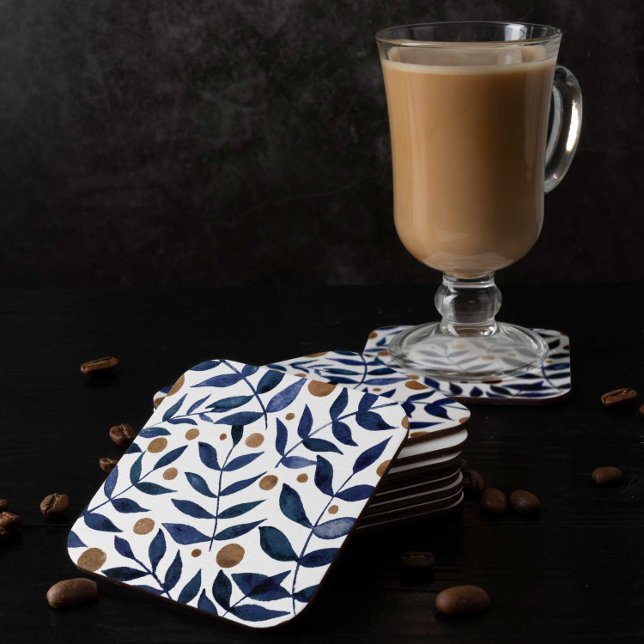 Porta-copo De Papel Quadrado Ramais e bagas de aquarelas - índigo e bege (Criador carregado)