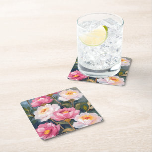 Porta-copo De Papel Quadrado Ramalhete de Flores de Peônias Rosa Aquarela