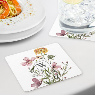 Porta-copo De Papel Quadrado Ramalhete de Flores Silvestres Aquarela Monograma