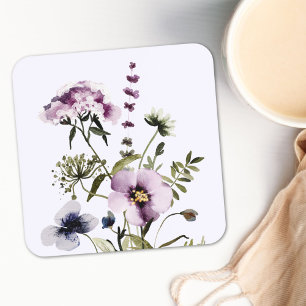 Porta-copo De Papel Quadrado Ramalhete de Flores Silvestres Roxas Aquarela Flor