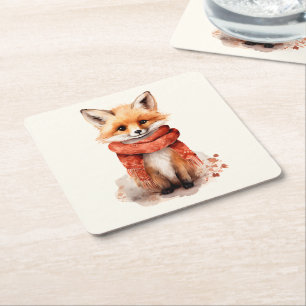 Porta-copo De Papel Quadrado Rapariga de Raposa Fofa com um Lenço Vermelho