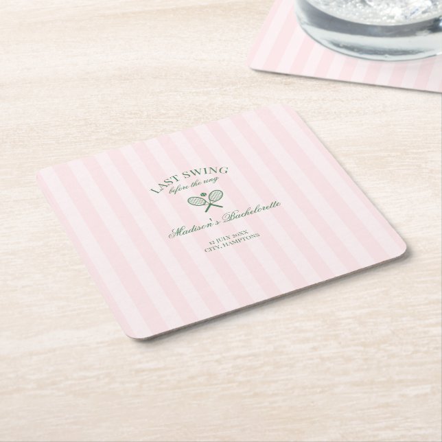Porta-copo De Papel Quadrado Raquetes de Ténis Verdes com Listras Rosa para Chá (Inclinado)