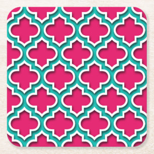 Porta-copo De Papel Quadrado Raspberry Teal White Quatrefoil Marroquino #5DS