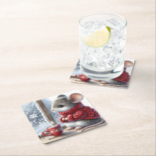 Porta-copo De Papel Quadrado Rato De Natal Com Cacau Quente A Vapor