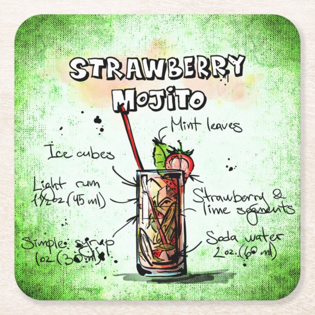 Porta-copo De Papel Quadrado Receita de Bebida de Mojito de Morango (Frente)
