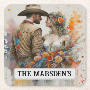Porta-copo De Papel Quadrado Recém-Casados Country Western Aquarela