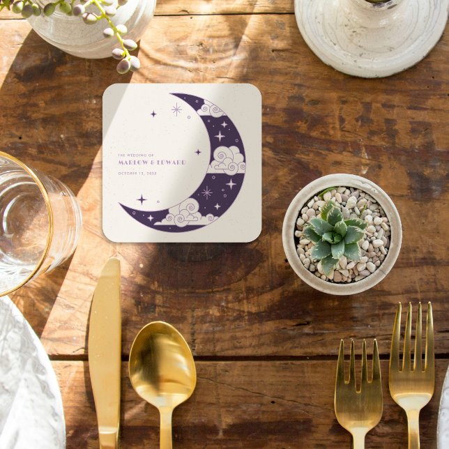 Porta-copo De Papel Quadrado Recepção de Casamento Celestial Lua e Estrelas Rox (Criador carregado)