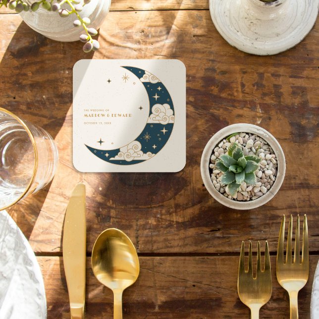 Porta-copo De Papel Quadrado Recepção de Casamento Celestial Lua e Estrelas Tur (Criador carregado)