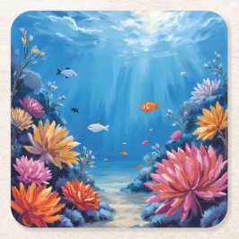 Porta-copo De Papel Quadrado Recife de Coral Sob a Pintura do Oceano Mar