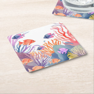 Porta-copo De Papel Quadrado Recife de Coral Subaquático Aquarela