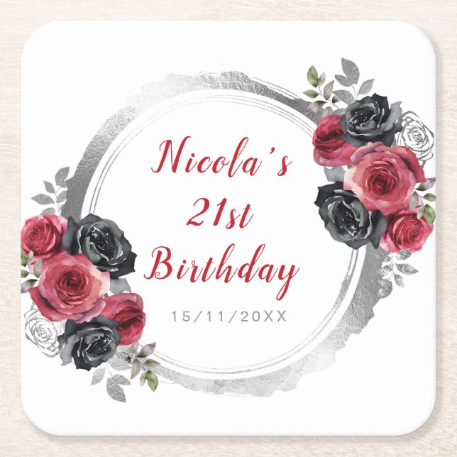 Porta-copo De Papel Quadrado Red and Silver Elegant Flowers Birthday Party (Frente)