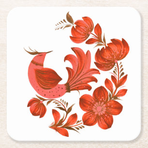 Porta-copo De Papel Quadrado Red Bird & Floral Folk Art Coaster