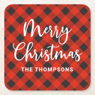 Porta-copo De Papel Quadrado Red Black Buffalo Cheque Feliz Natal Script