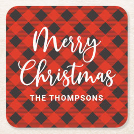 Porta-copo De Papel Quadrado Red Black Buffalo Cheque Feliz Script de Natal
