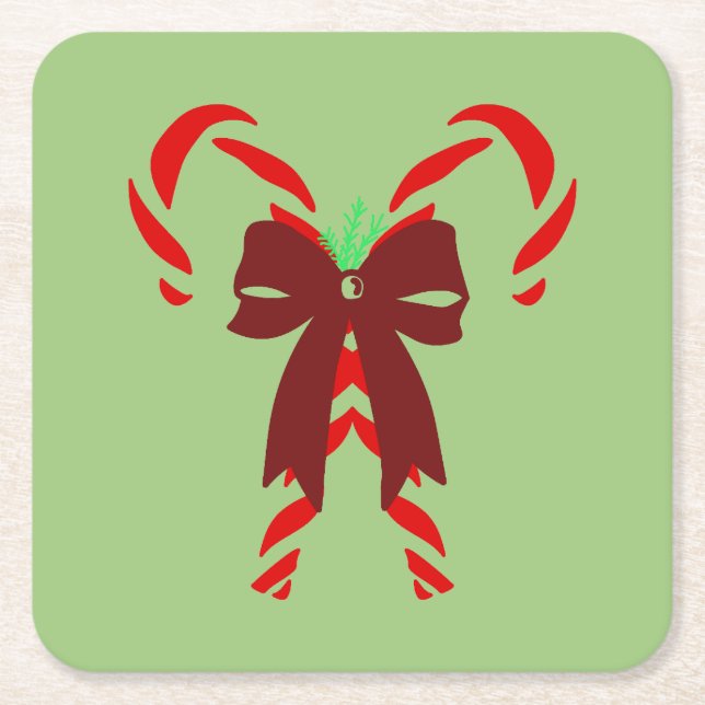 Porta-copo De Papel Quadrado Red Candy Canes with Pine Needles & Bow (Frente)