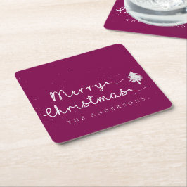 Porta-copo De Papel Quadrado Red Custom Name Minimalist Merry Christmas Party