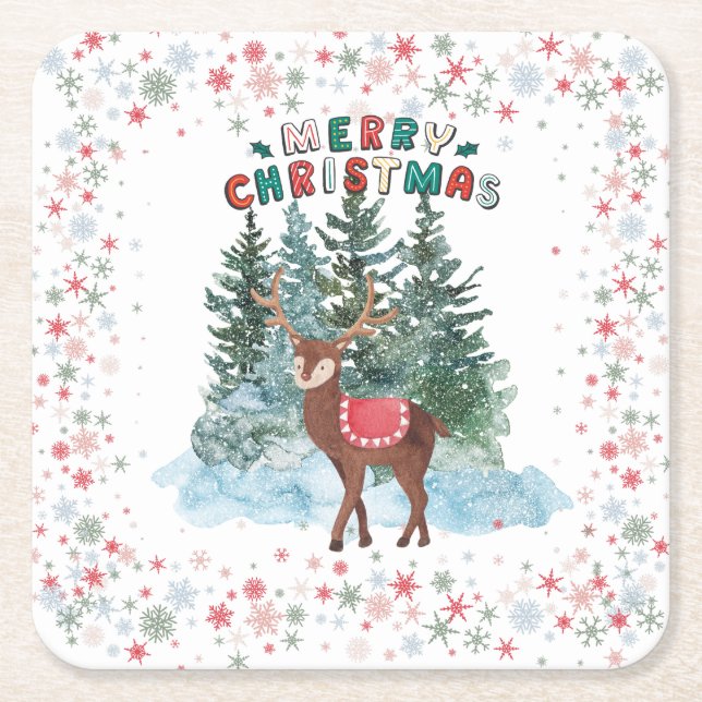 Porta-copo De Papel Quadrado Red E Green Felry Reindeer De Natal (Frente)