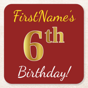 Porta-copo De Papel Quadrado Red, Faux Gold 6th Birthday + Custom Name
