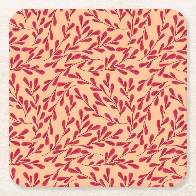 Porta-copo De Papel Quadrado  Red Leafy Branches Seamless Pattern (Frente)