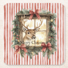 Porta-copo De Papel Quadrado Red Stripes Bows Christmas Deer in Window