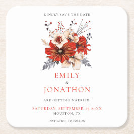 Porta-copo De Papel Quadrado Red Watercolor Florals Salva A Data