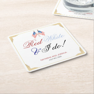 Porta-copo De Papel Quadrado Red White e eu fazemos o casamento Patriótico de 4