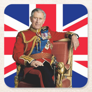 Porta-copo De Papel Quadrado Rei Carlos III com bandeira britânica