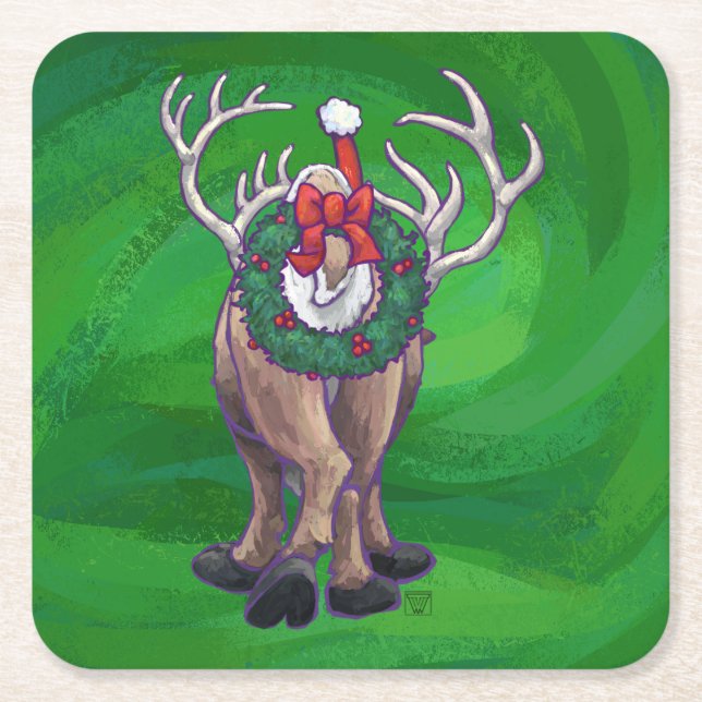 Porta-copo De Papel Quadrado Reindeer Christmas On Green (Frente)