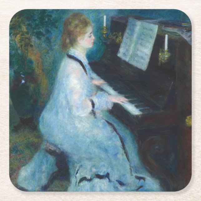Porta-copo De Papel Quadrado Renoir Mulher Impressionista do Piano Vintage (Frente)