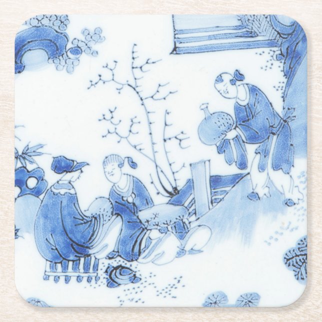 Porta-copo De Papel Quadrado Repro Delft Azulejo Blue Chinoiserie (Frente)