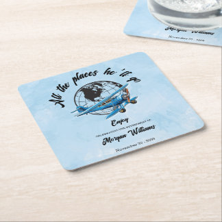 Porta-copo De Papel Quadrado Retirement Party Globe Travel Plane Places 