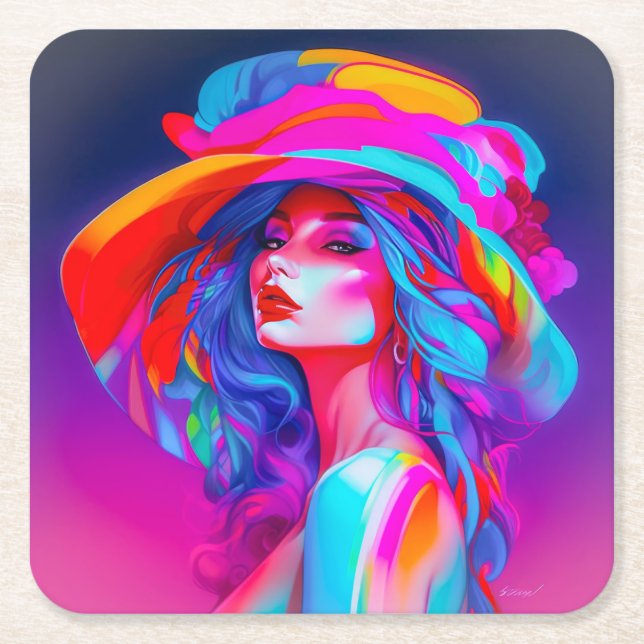 Porta-copo De Papel Quadrado Retrato Neon Pop Art (Frente)