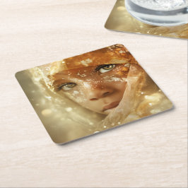 Porta-copo De Papel Quadrado Retrato Sonhador de Criança | Olhar Véu Dourado